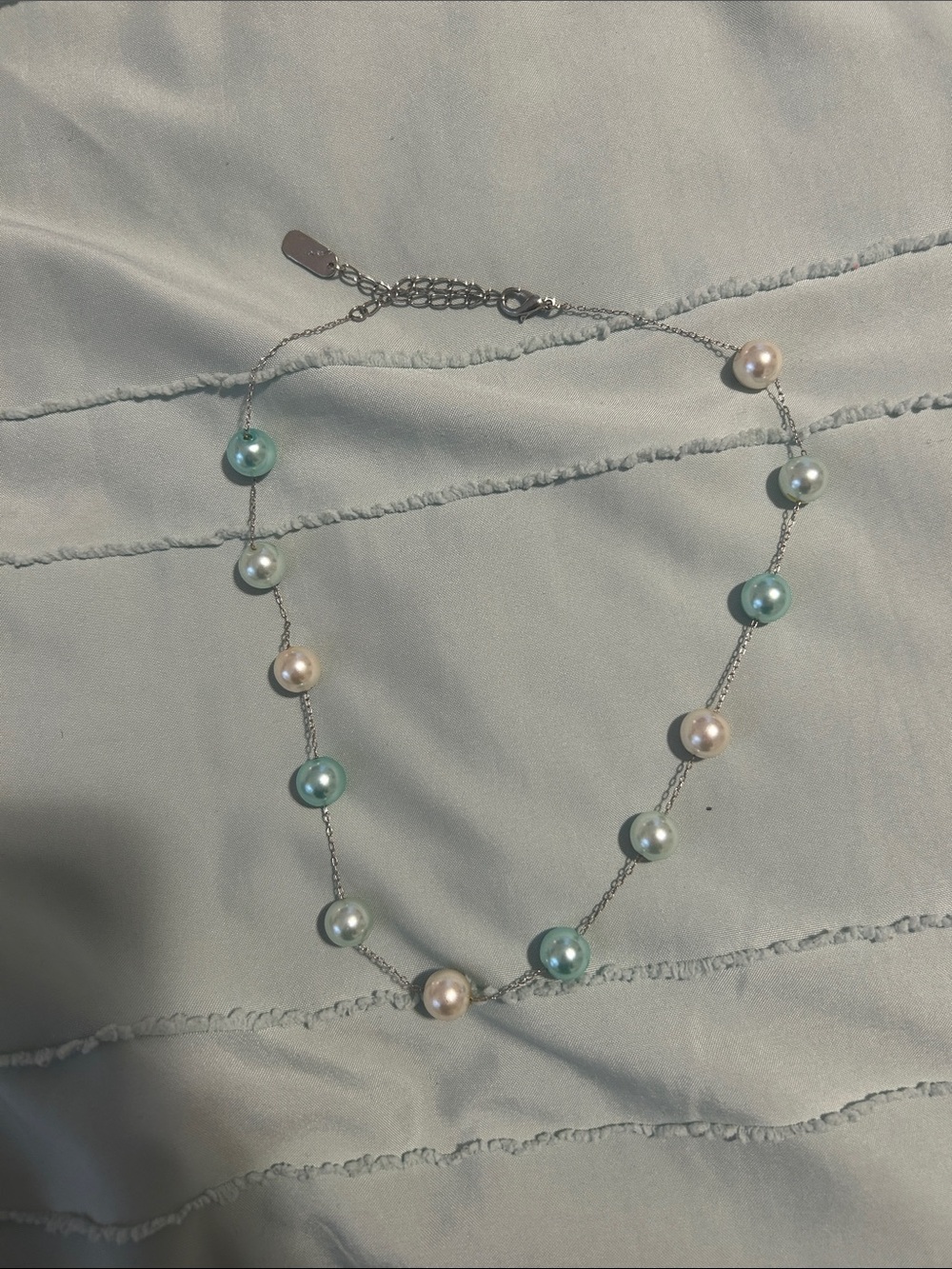 Seafoam and Cream Pearl Station Necklace on Silver Chain